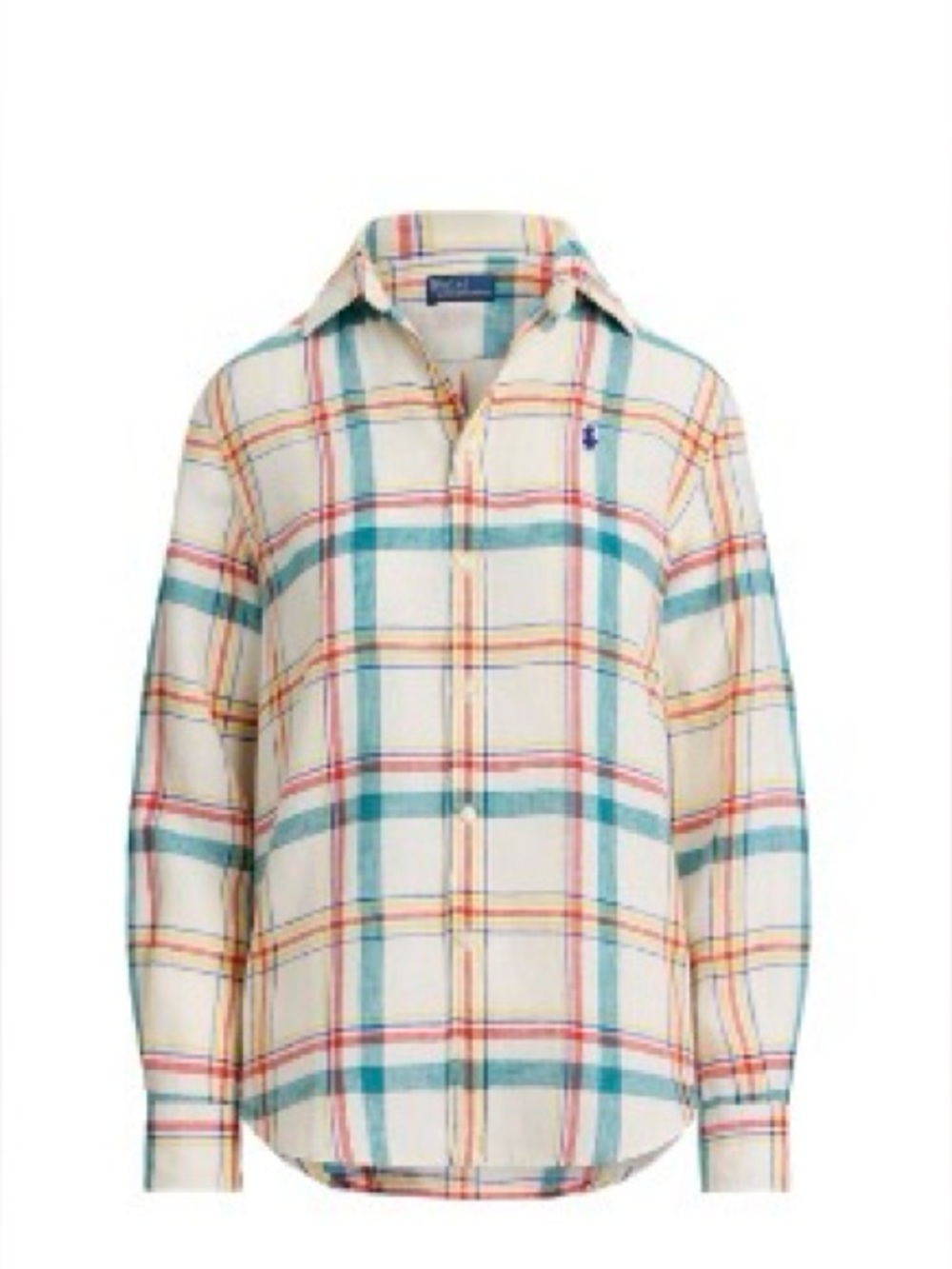 Ralph Lauren Cream Plaid Shirt with Teal & Coral Accents